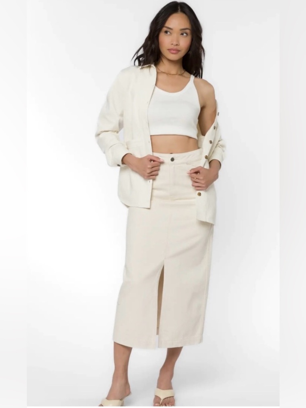 VELVET HEART WHITE DENIM MIDI SKIRT FRONT SLIT POCKETS SZ MEDIUM